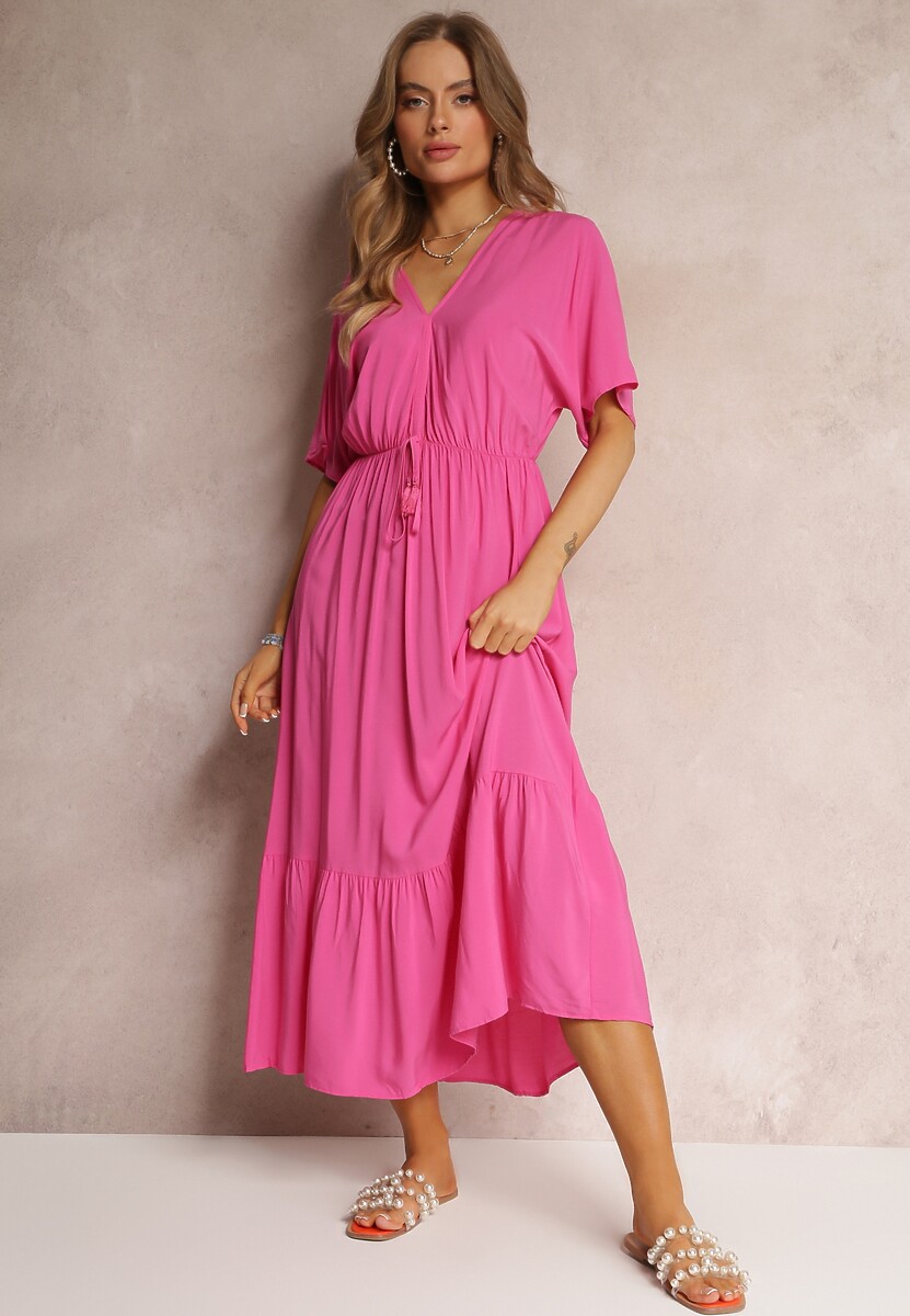 Fuksjowa Wiskozowa Sukienka Maxi z Troczkiem z Frędzlami i Gumką w Pasie Tresis