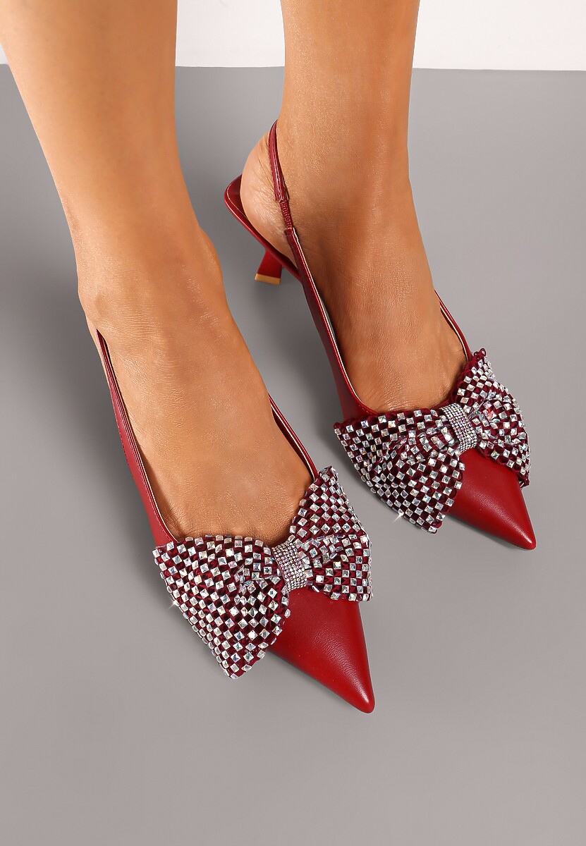 Bordowo-Czerwone Sandały na Szpilce Kaczuszce Wykończone Kokardą i Cyrkoniami Elitara