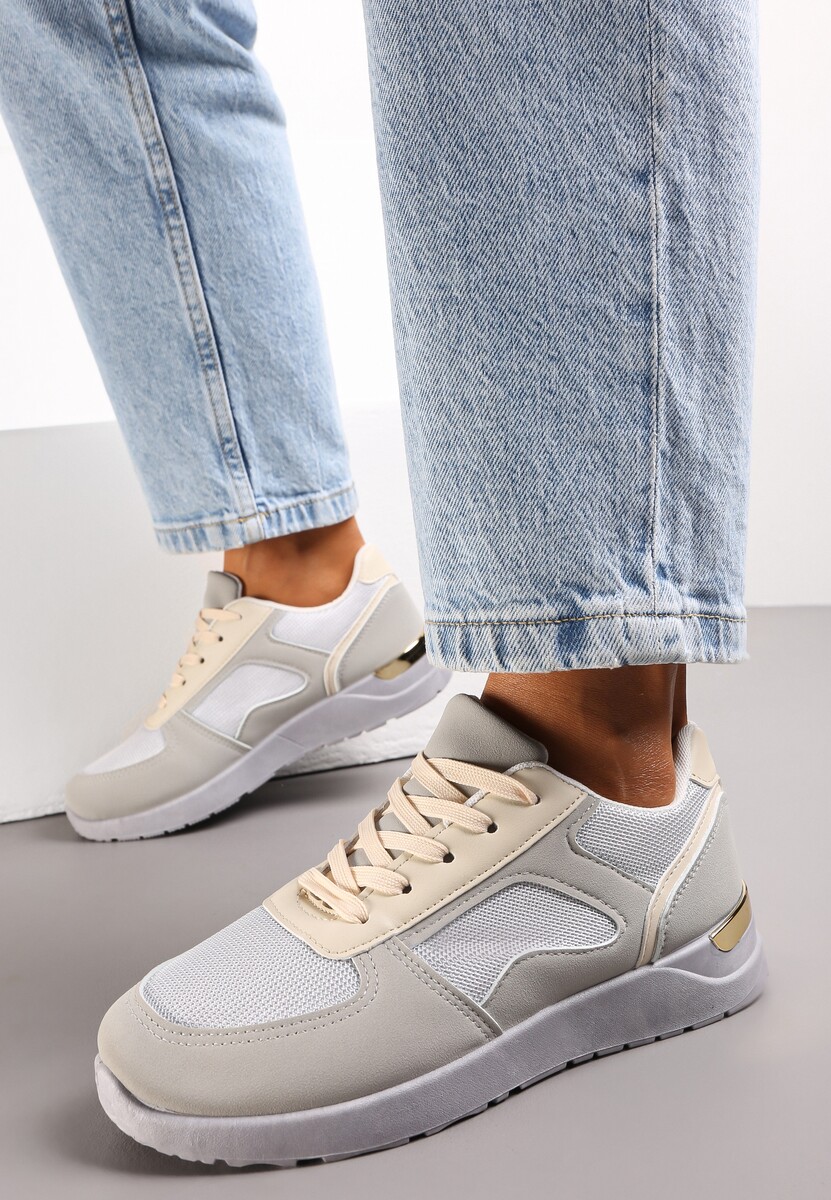 Szare Sneakersy na Grubej Podeszwie z Metaliczną Wstawką Leesa