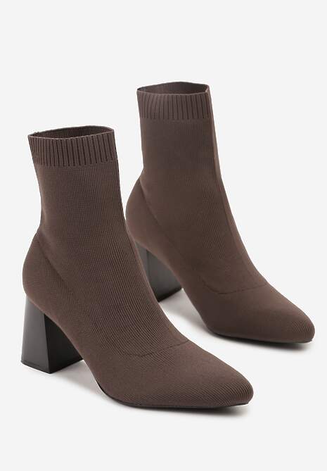 Brązowe Botki Vices na Słupku ze Skarpetową Cholewką Adanelle