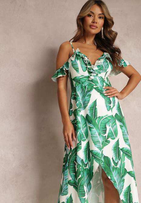 Zielona Sukienka z Opadającą Falbanką na Ramiona i Kopertowym Dołem Xandetria