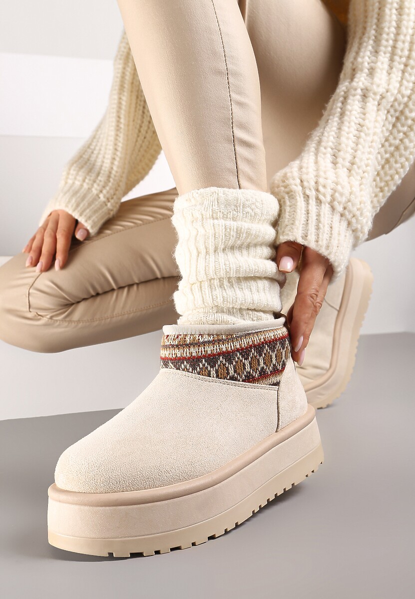 Beżowe Śniegowce na Wysokiej Platformie Ozdobione Wzorzystą Wstawką Sinalora