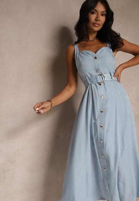 Niebieska Rozkloszowana Sukienka z Paskiem na Ramiączkach Nevio