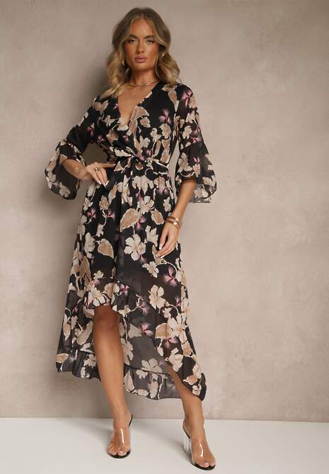 Czarna Asymetryczna Sukienka z Bawełny z Kopertowym Dekoltem i Wiązanym Paskiem Nitilira