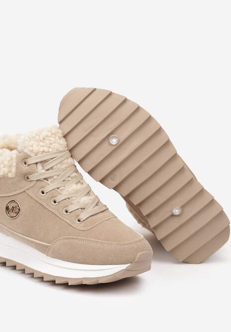 Ciemnobeżowe Sneakersy z Ekozamszu z Futrzaną Wyściółką Etaylla