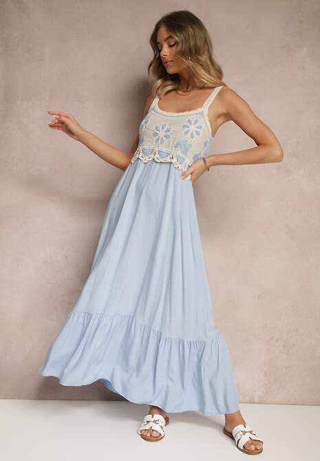 Niebieska Sukienka z Wiskozy Ozdobiona Haftem Rinastra