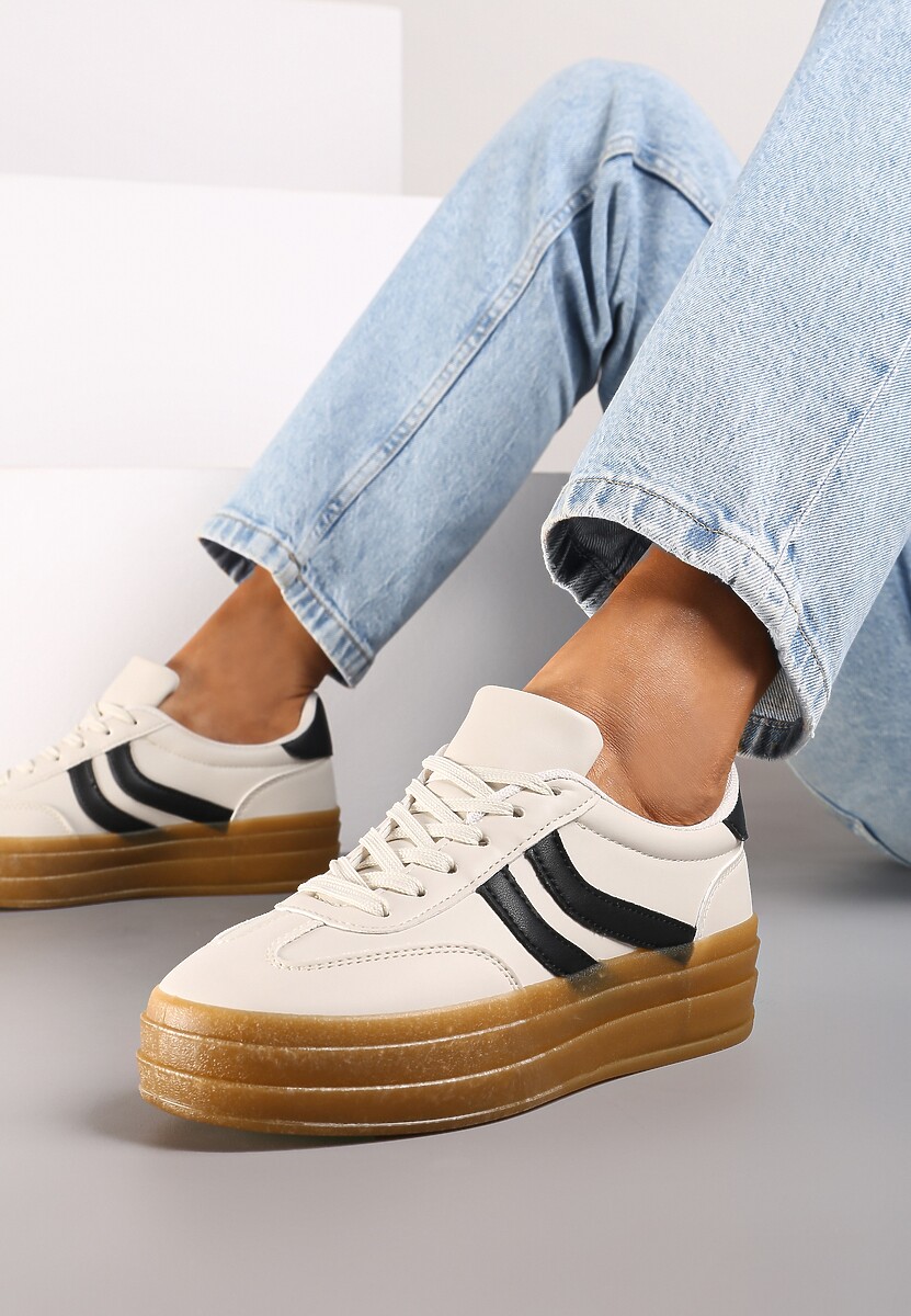 Beżowe Sneakersy na Grubszej Podeszwie z Przeszyciami Erisosa