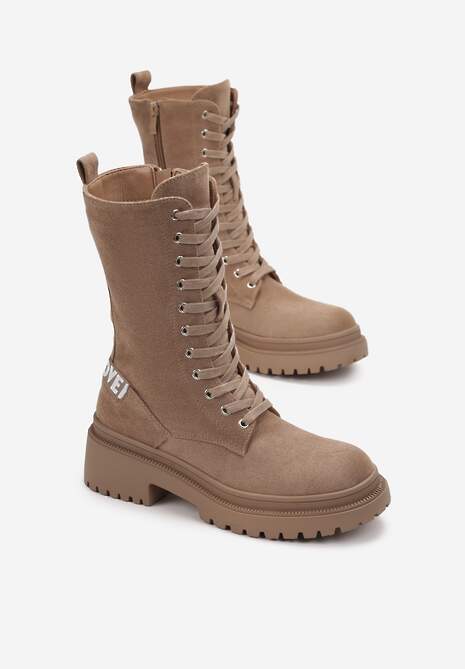 Ciemnobeżowe Sznurowane Botki na Płaskiej Podeszwie do Połowy Łydki z Imitacji Zamszu Sumeir