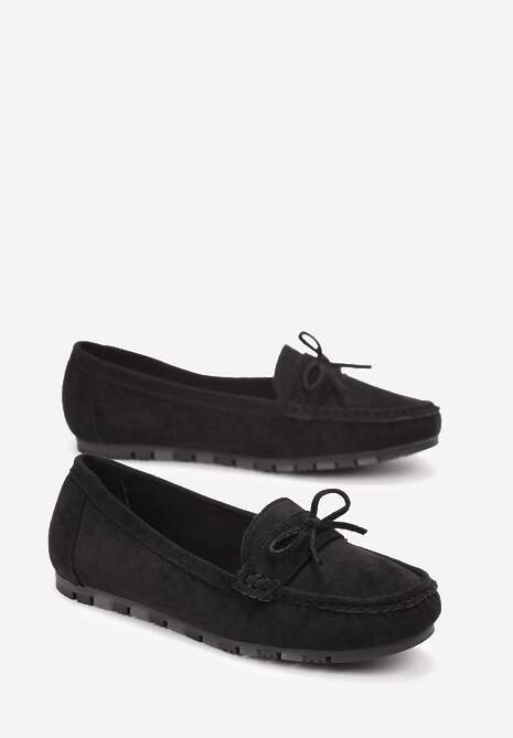 Czarne Płaskie Mokasyny z Imitacji Zamszu z Kokardką Vlinve