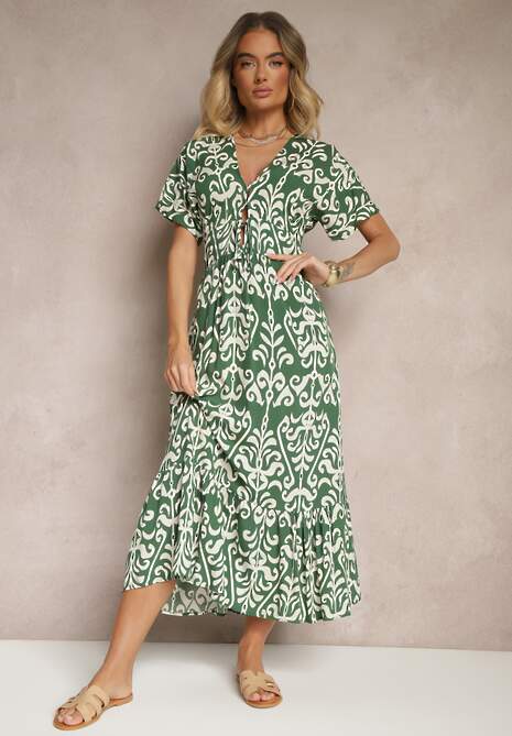 Zielona Wiskozowa Sukienka z Abstrakcyjnym Wzorem Tuledia
