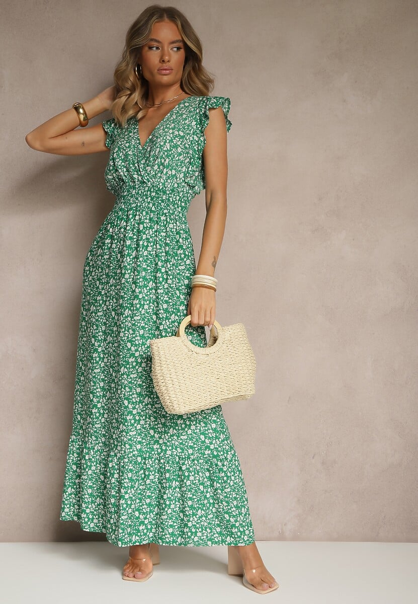 Zielona Rozkloszowana Sukienka Zdobiona Falbanami i Kwiatowym Printem Aravee