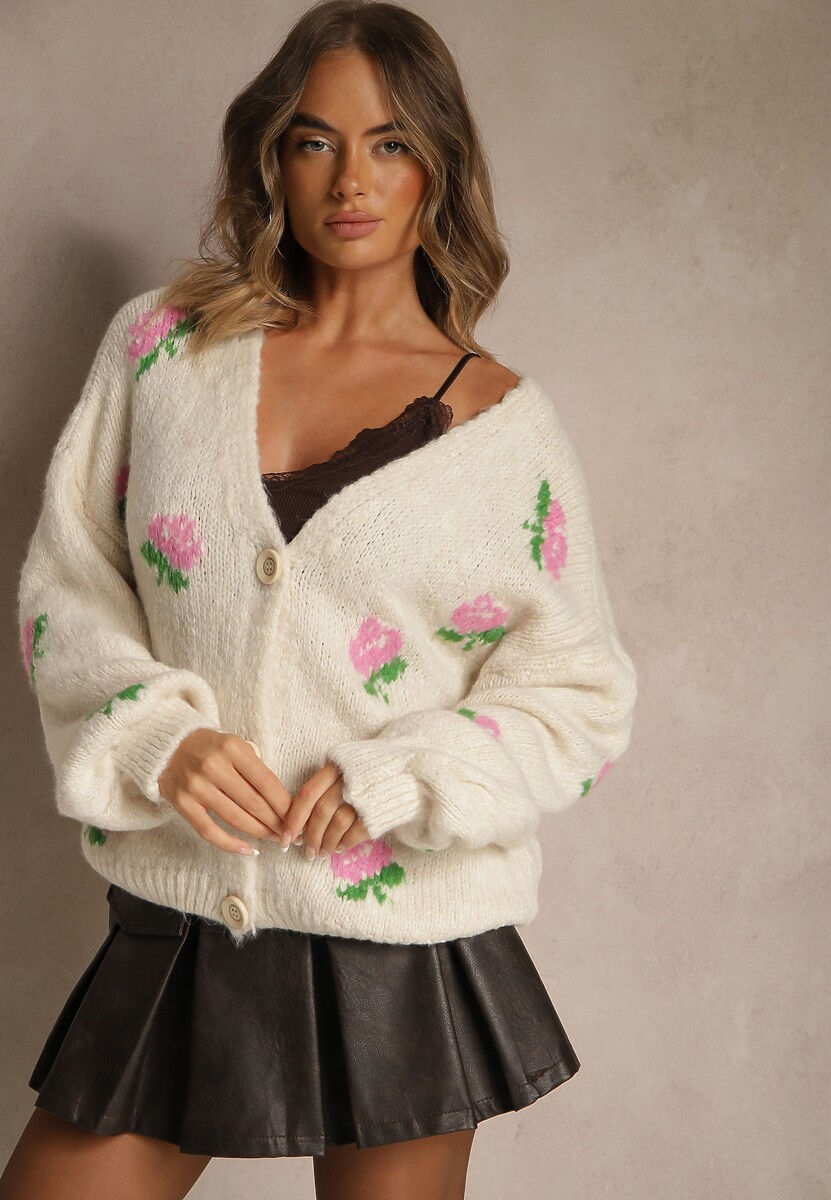 Brązowy Oversizowy Kardigan z Dodatkiem Wełny w Kwiaty Nelenesa