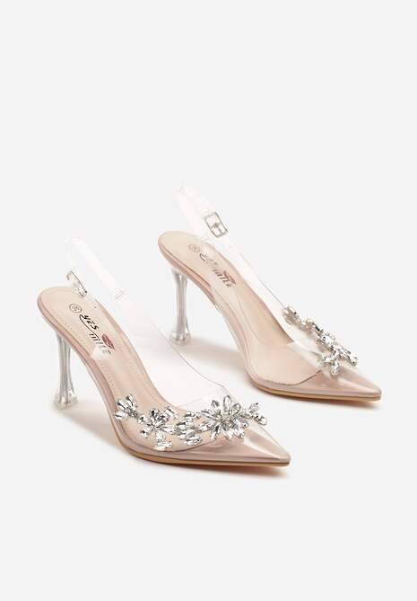 Beżowe Transparentne Sandały Szpilki Slingback Ozdobione Cyrkoniami Avelsemi