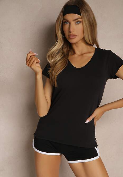 Czarny Bawełniany T-shirt z Trójkątnym Dekoltem Linalitia