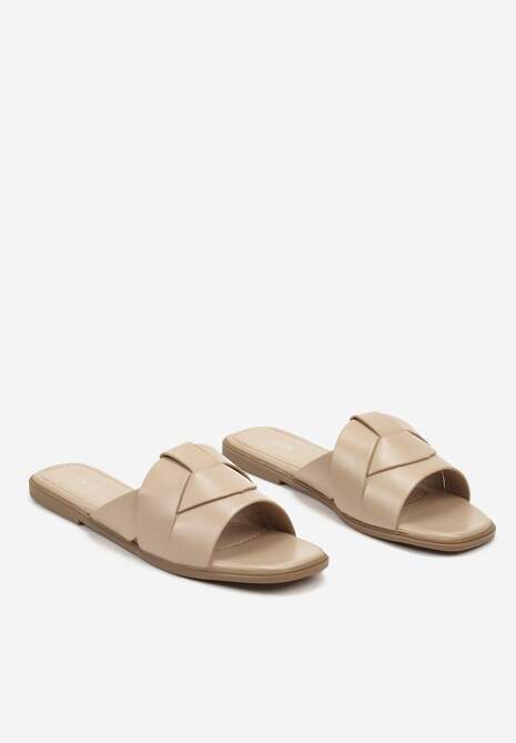 Beżowe Klapki na Płaskiej Podeszwie z Ozdobnymi Paskami i Kwadratowym Noskiem Lunivia