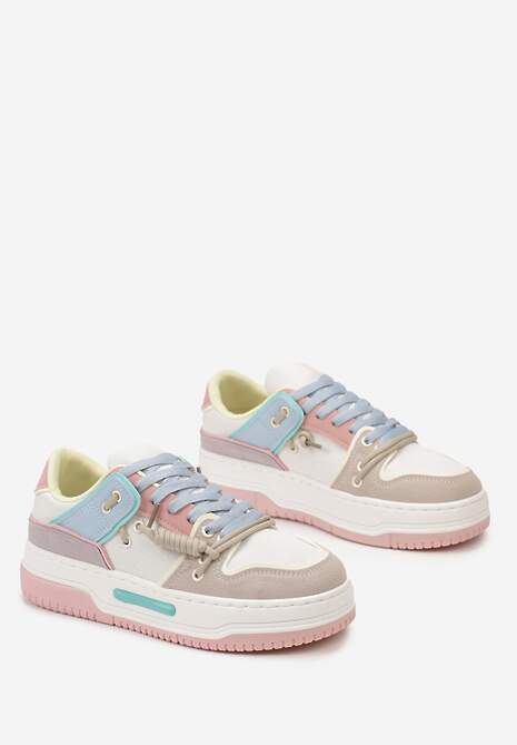 Biało-Różowe Sneakersy na Platformie z Ozdobnymi Sznurówkami Aqara