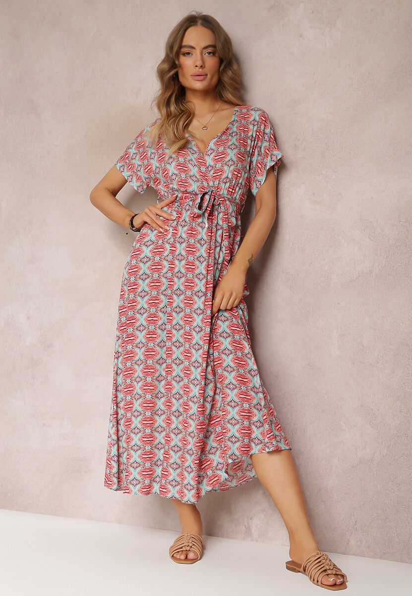 Czerwona Rozkloszowana Sukienka z Wiskozy z Gumką w Pasie Branda