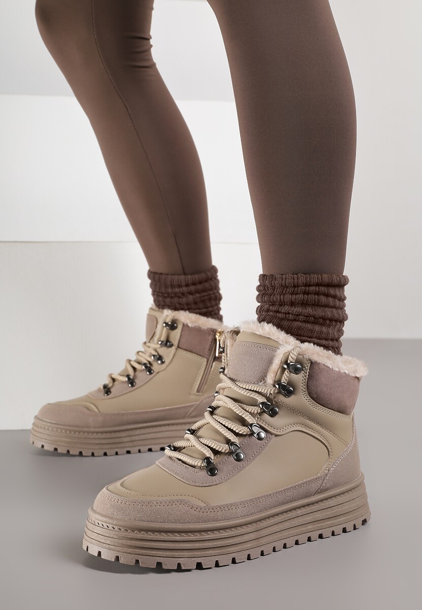 Ciemnobeżowe Sneakersy w Stylu Traperów na Platformie Ewedora