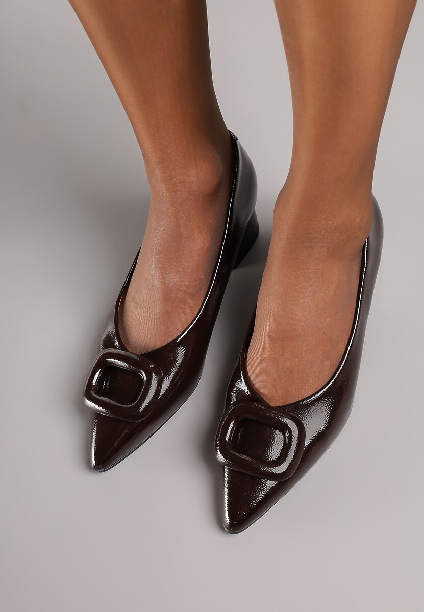 Brązowe Czółenka Vices na Słupku z Wkładką ze Skóry Naturalnej i Klamrą Apanelle