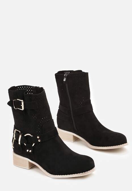 Czarne Botki Ozdobione Ażurowymi Wycięciami i Sprzączkami Inipel