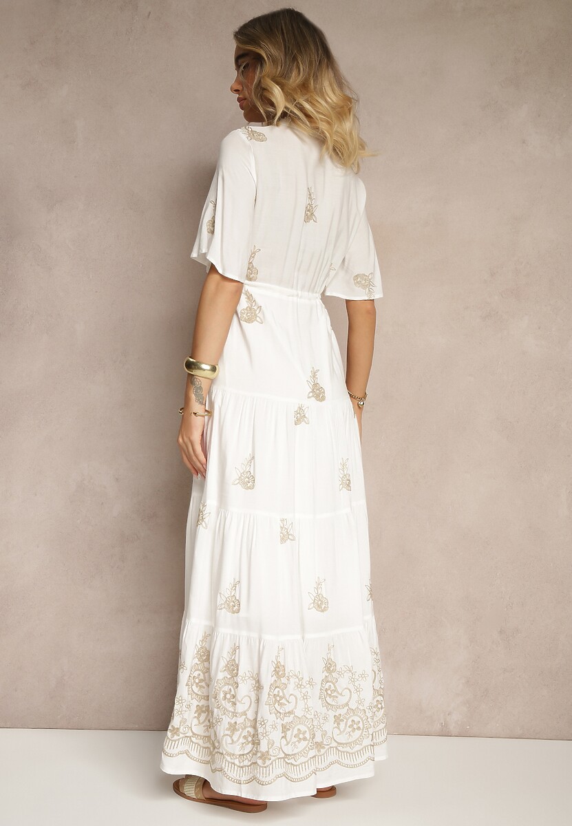 Biała Rozkloszowana Sukienka Boho z Wiskozy Zdobiona Haftem i Wiązaniem Falvania