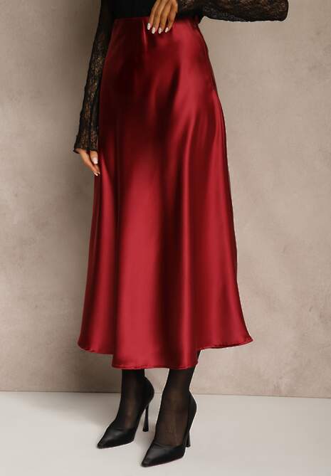 Bordowa Satynowa Midi Spódnica Rozkloszowana z Gumką w Pasie i Suwakiem Leose