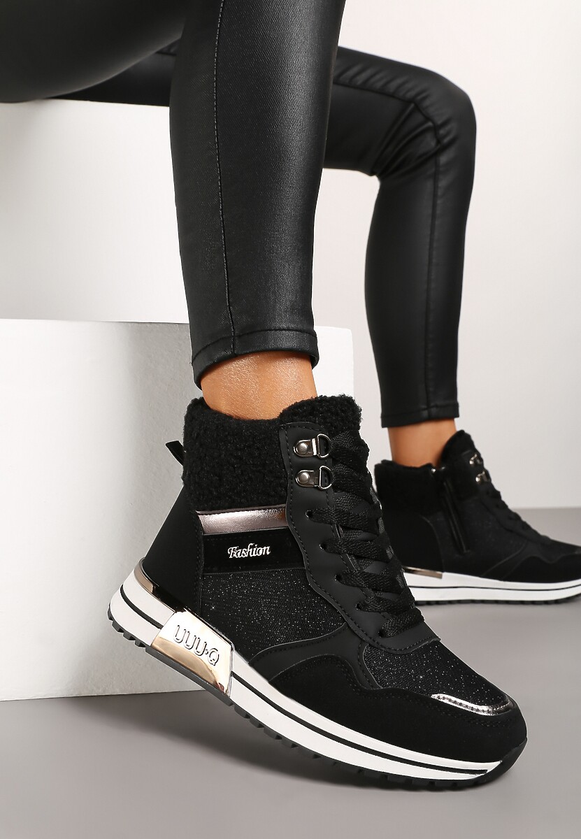 Czarne Sneakersy Zdobione Metaliczną Aplikacją Brokatem i Futrem Saliriel