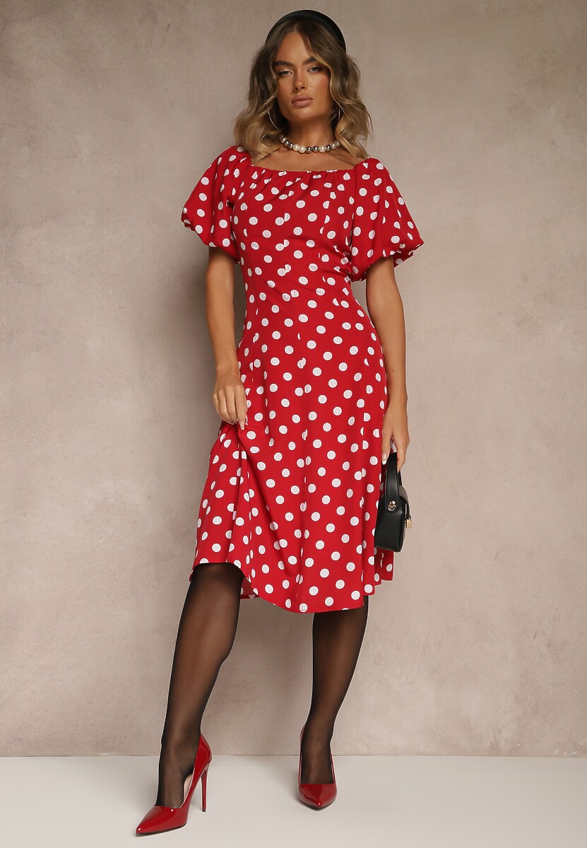 Beżowa Sukienka Hiszpanka Vices w Kropki o Rozkloszowanym Kroju Zilua