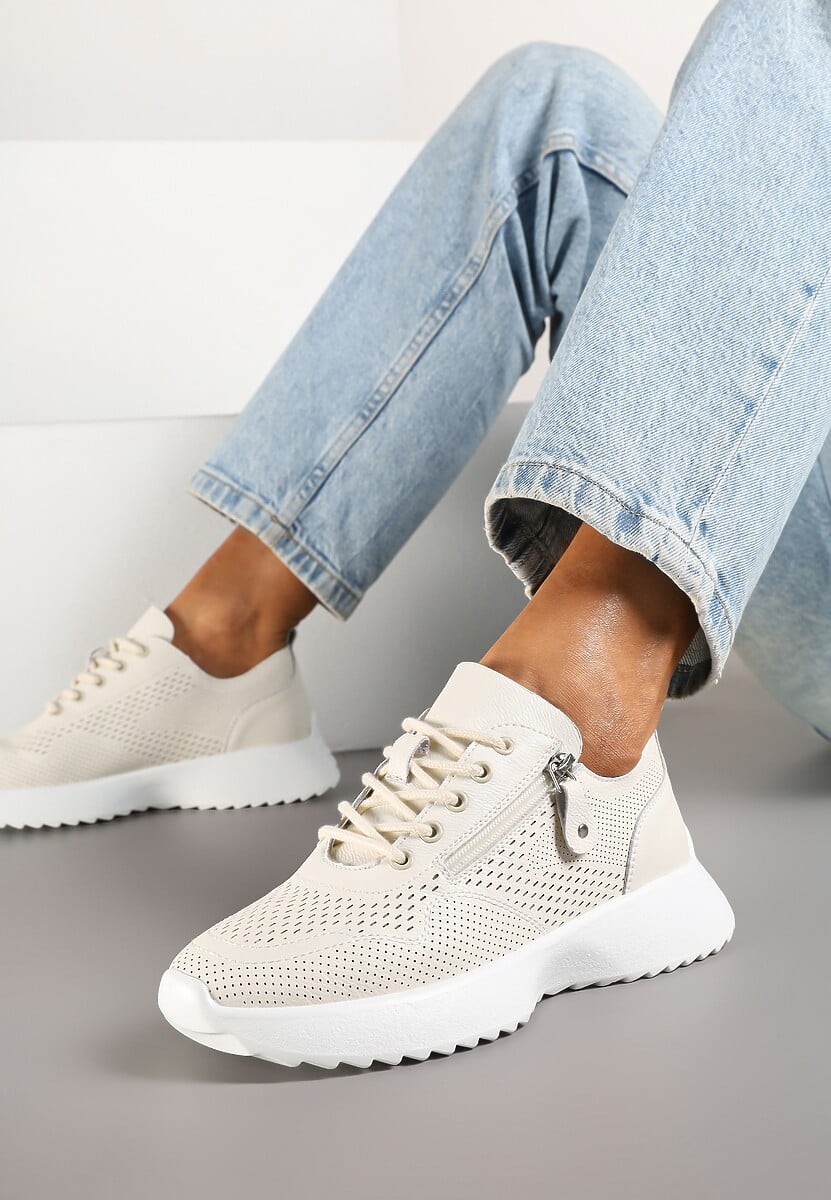 Białe Sneakersy Skórzane Ozdobione Suwakiem Ivelami