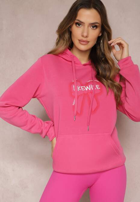 Różowa Bluza Wykończona Polarem z Nadrukiem i Kapturem Nimba