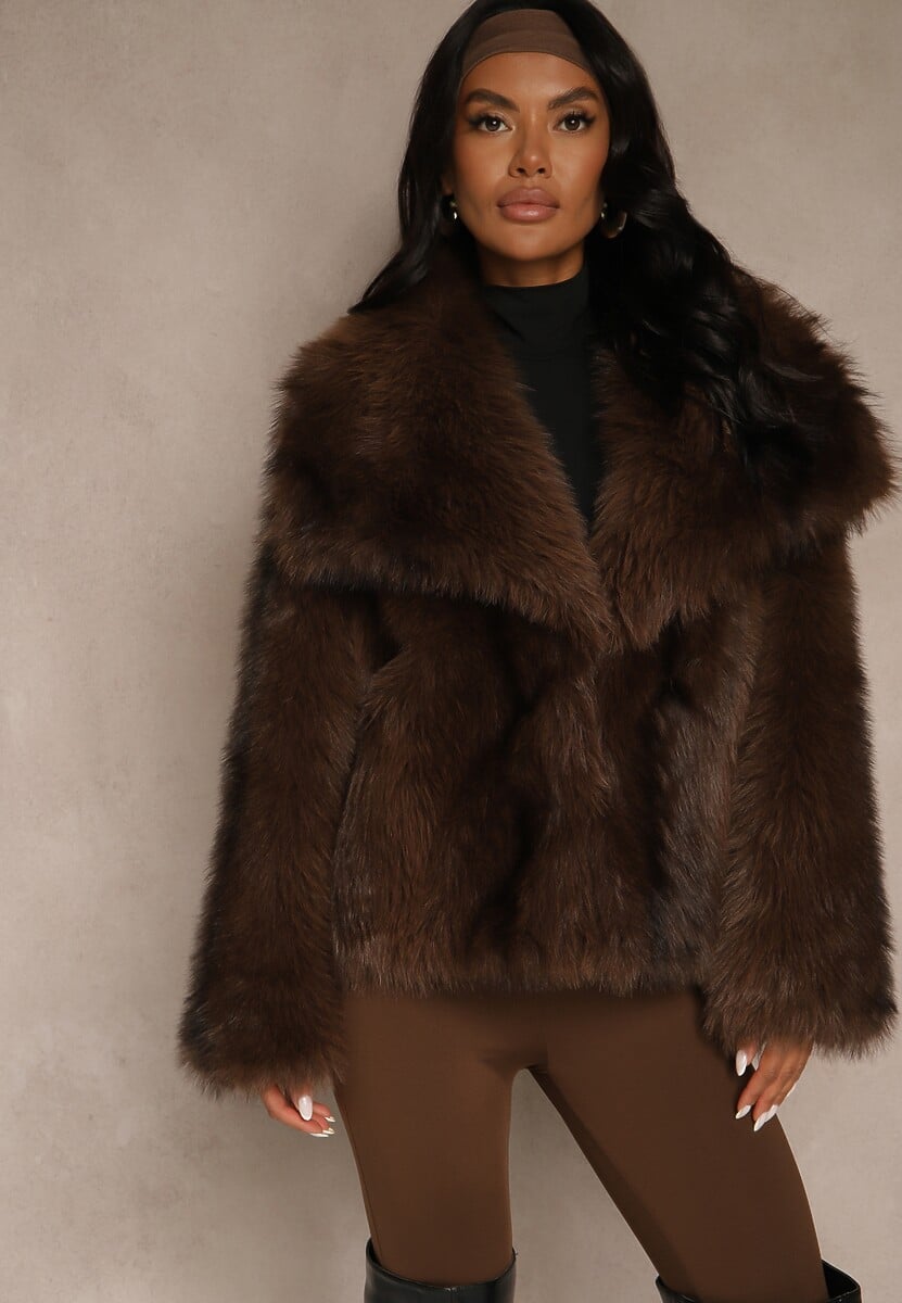 Brązowa Kurtka Futerko o Kroju Oversize z Ozdobnym Kołnierzem Monella