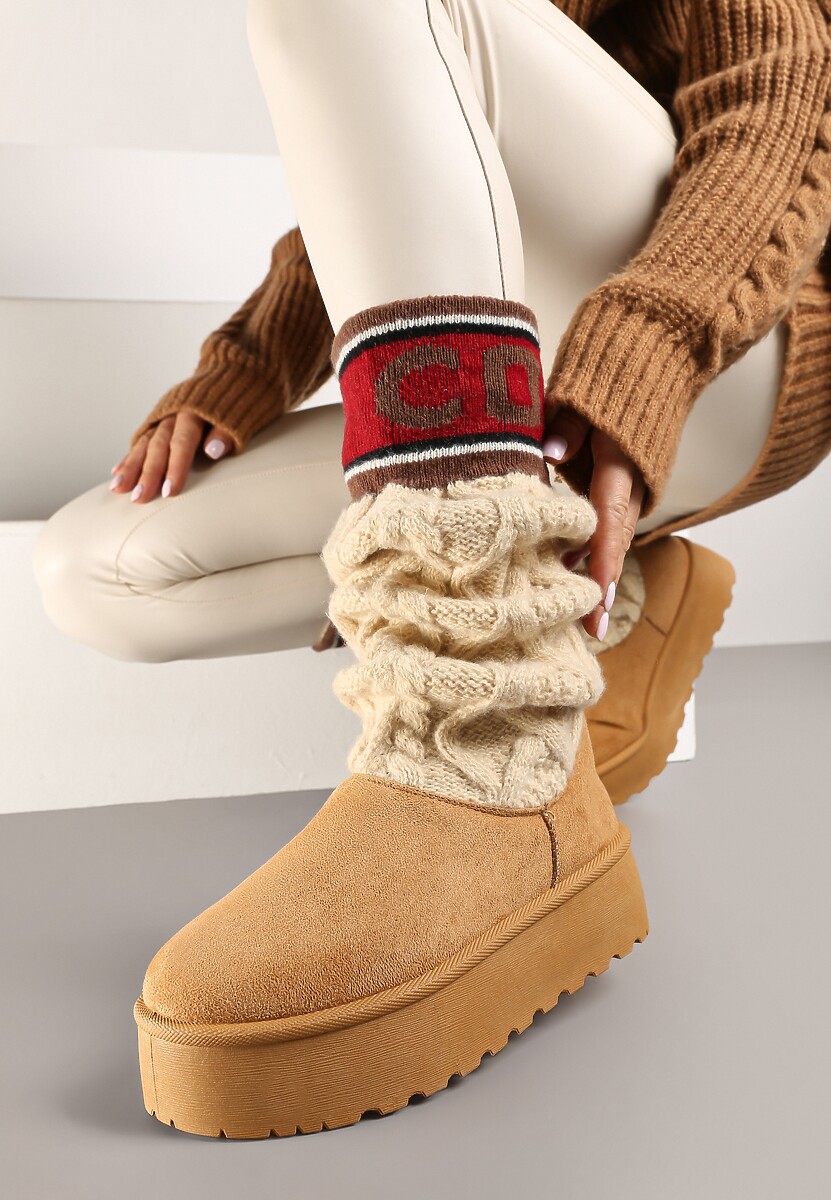 Brązowe Kozaki z Ekozamszu na Grubej Podeszwie z Dzianinową Cholewką o Skarpetkowym Fasonie Kaielia