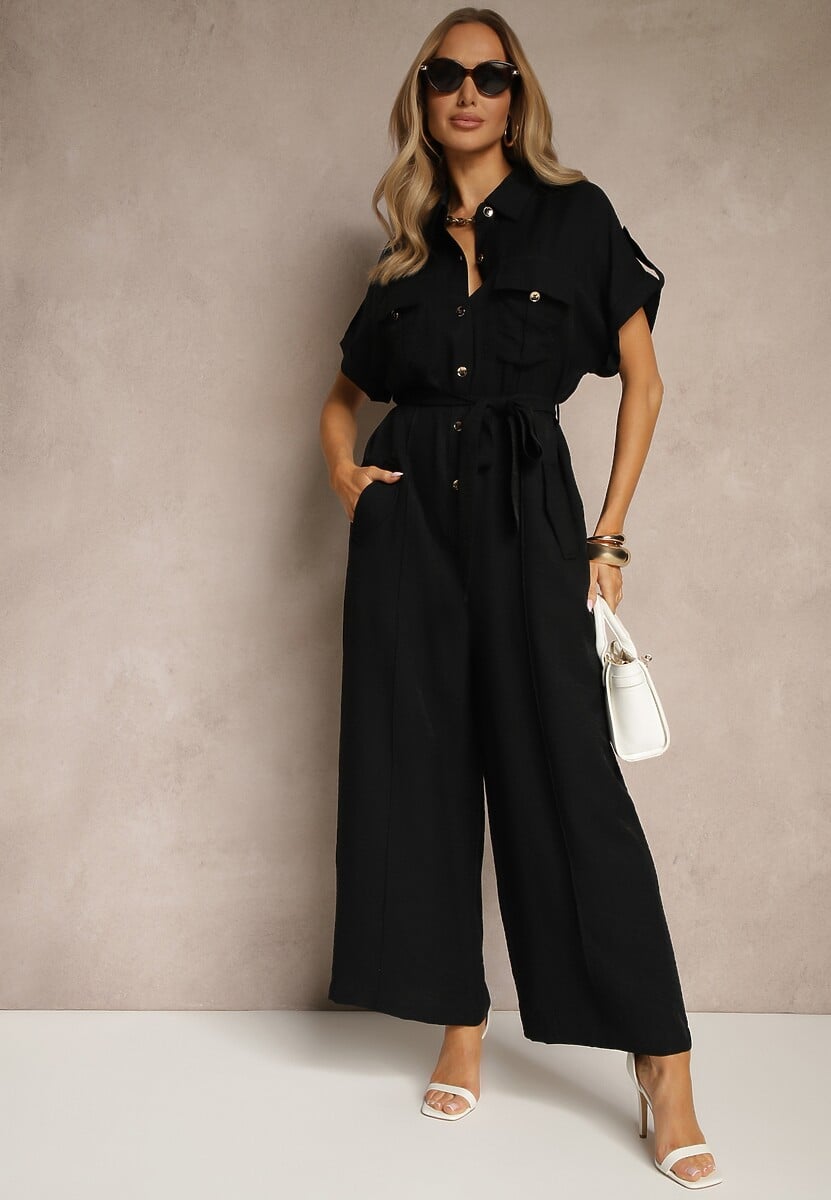 Czarny Kombinezon Ozdobiony Kieszeniami i Paskiem Wilsedi