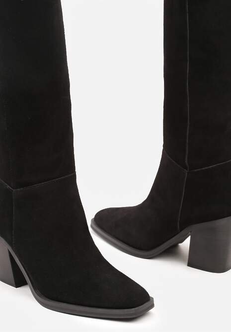 Czarne Skórzane Kozaki na Słupku Realinae