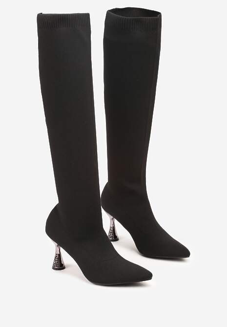 Czarne Kozaki Vices ze Skarpetkową Cholewką na Klepsydrze z Cyrkoniami Gioluna