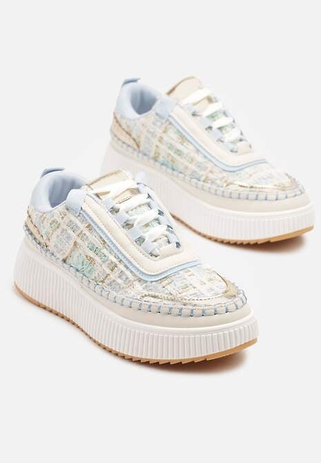 Biało-Niebieskie Sneakersy z Tweedowymi Zdobieniami i Przeszyciami na Platformie Ulandrelia