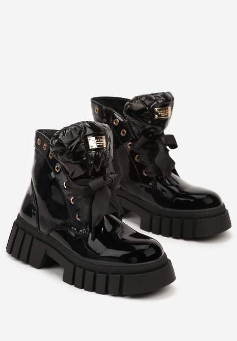 Czarne Botki na Platformie z Łańcuchami i Perełkami Terillia