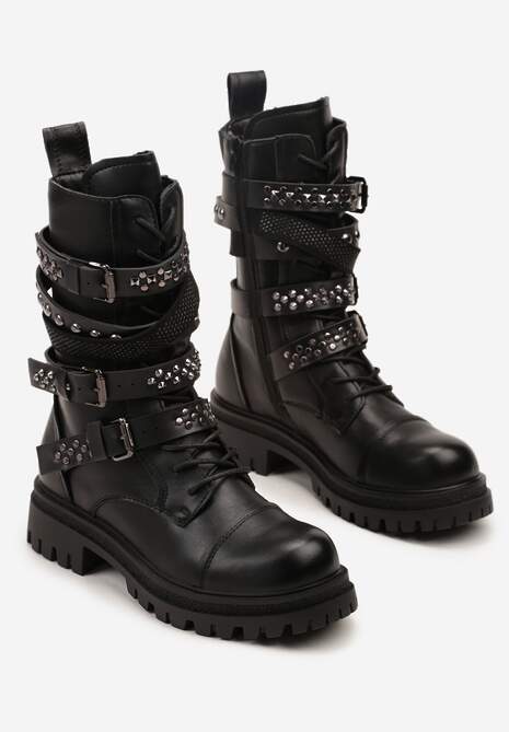 Czarne Rockowe Botki Workery Zdobione Nitami i Sprzączkami Zarumia