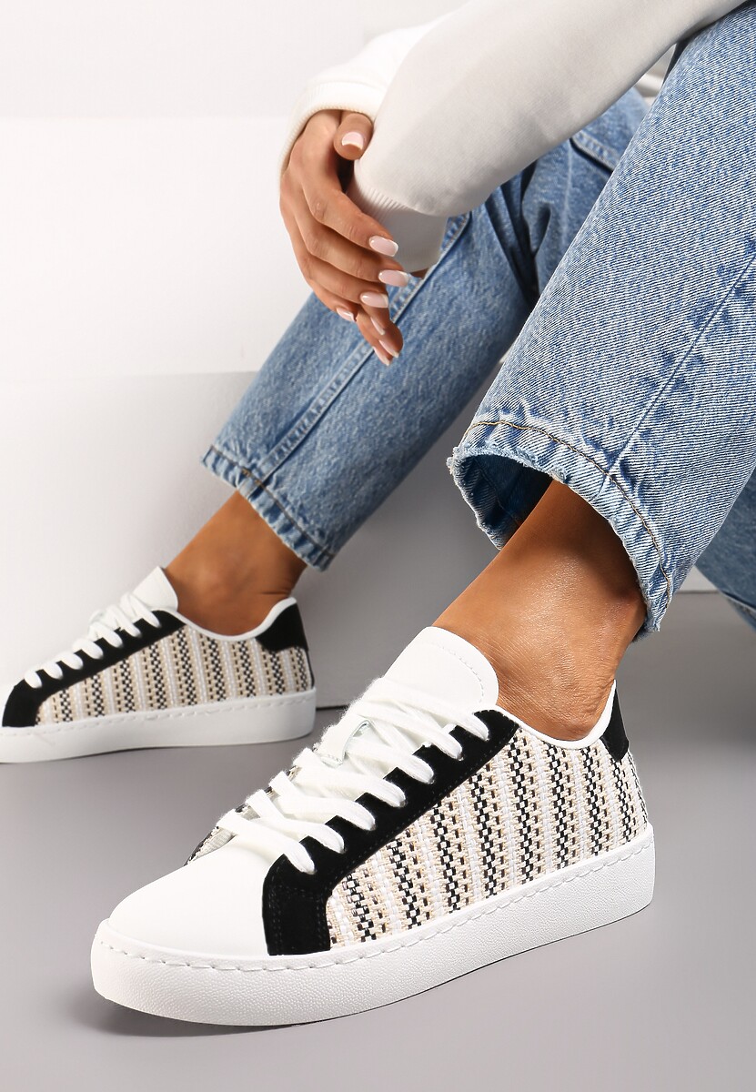 Biało-Czarne Sznurowane Sneakersy z Materiałową Wstawką i Okrągłym Noskiem Bowlie