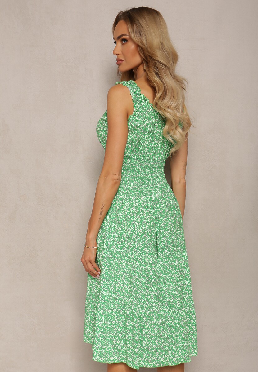 Zielona Bawełniana Sukienka o Rozkloszowanym Kroju na Ramiączkach z Gumką w Talii Bellazen