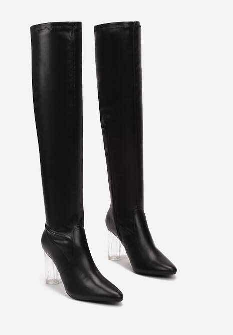 Czarne Dopasowane Kozaki za Kolano na Transparentnym Obcasie Celline