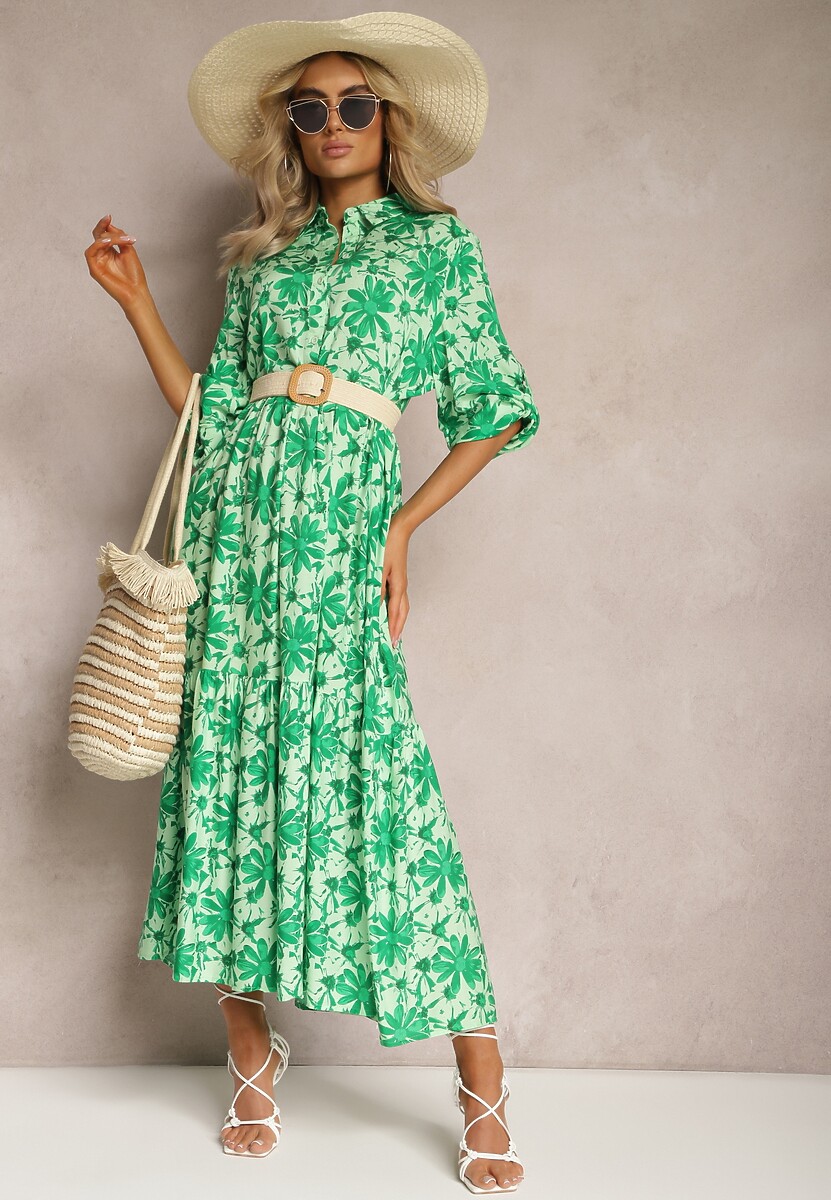 Zielona Rozkoszowana Sukienka z Koszulową Górą i Wzorem w Kwiaty Nealavin