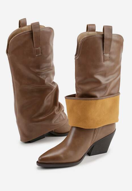 Brązowe Kozaki Kowbojki na Stożku z Wywiniętą Marszczoną Cholewką Escana