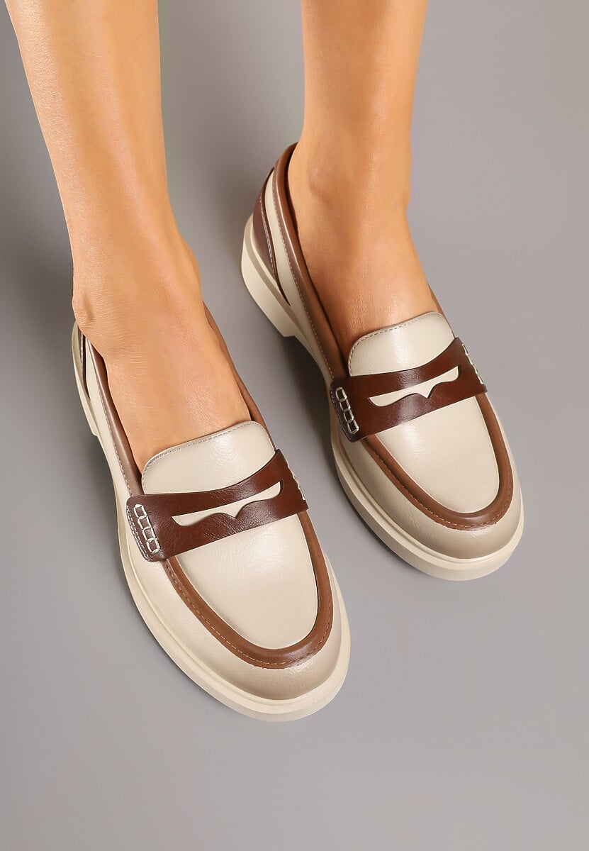 Beżowe Mokasyny ze Skóry Naturalnej Ozdobione Paskiem Halathiel