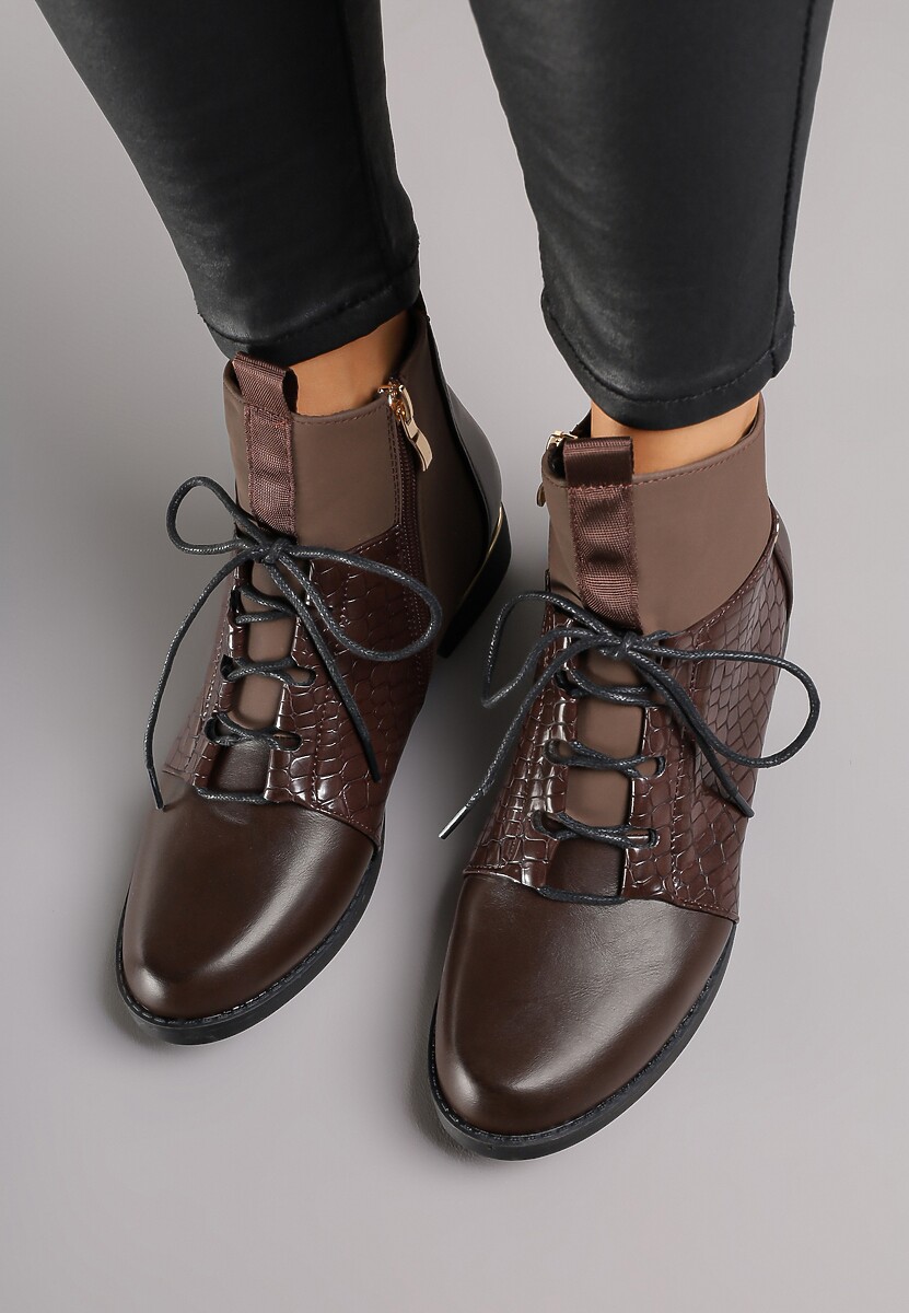 Brązowe Botki Vices w Stylu Trzewików z Motywem Skóry Krokodyla Alirriva