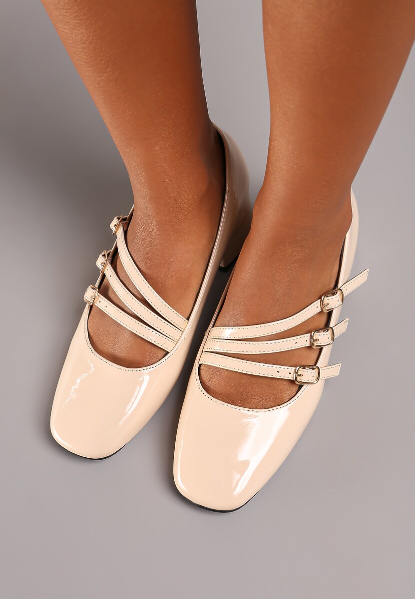 Beżowe Lakierowane Czółenka w Stylu Mary Jane z Cienkimi Paseczkami Berisana