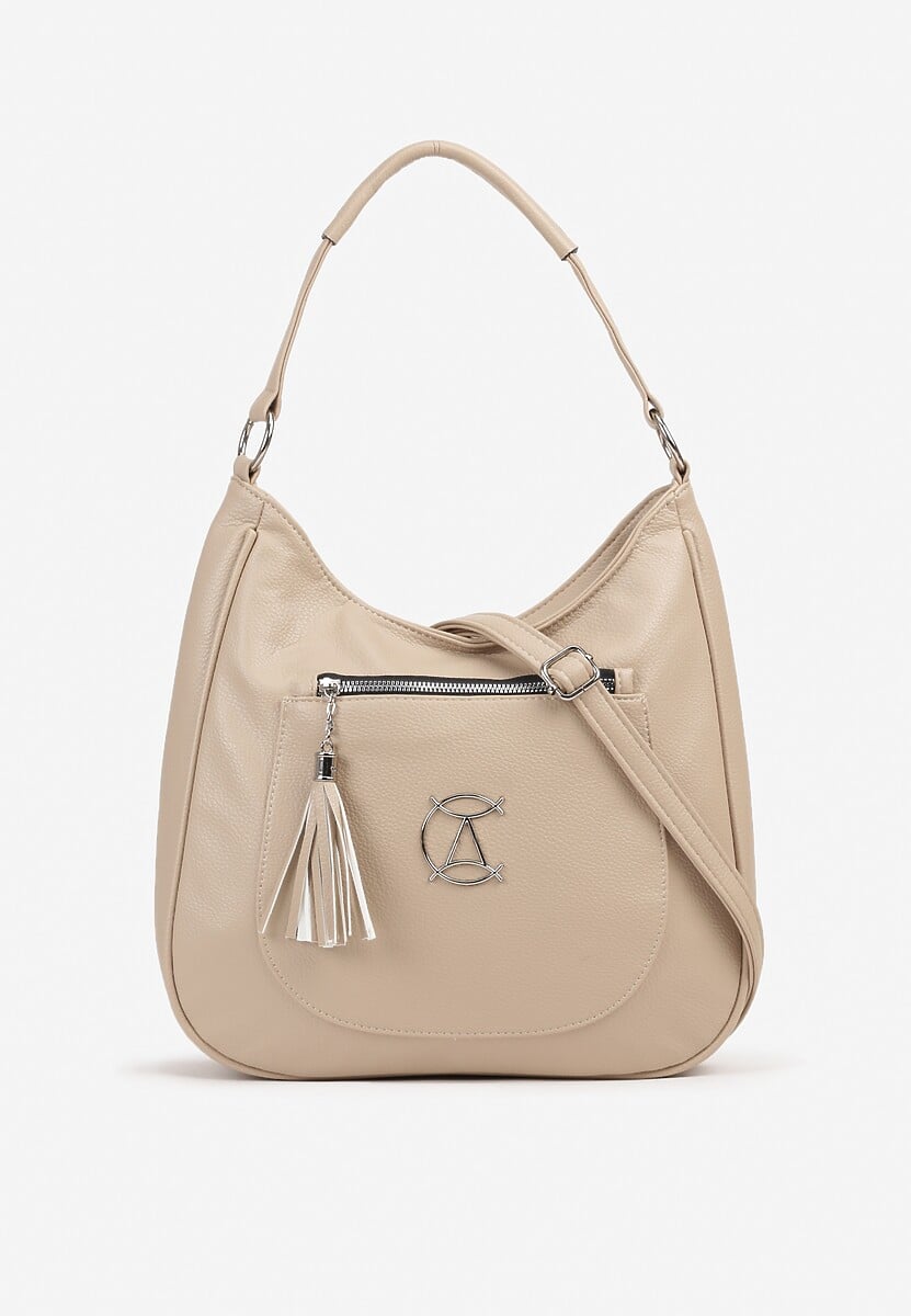 Beżowa  Torebka Shopperka z Frędzlami i Aplikacją Gelluria