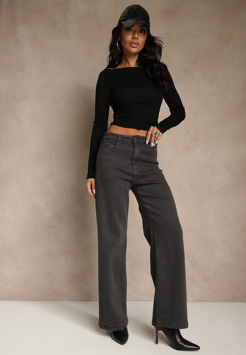 Ciemnoszare Jeansy High Waist z Szerokimi Nogawkami Vetimira