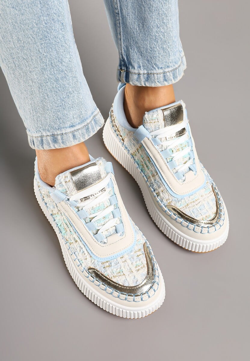 Biało-Niebieskie Sneakersy z Tweedowymi Zdobieniami i Przeszyciami na Platformie Ulandrelia