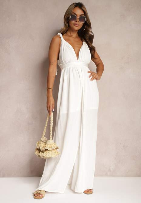 Biały Kombinezon bez Rękawów z Gumką w Talii z Wiskozy i Lnu Nehir